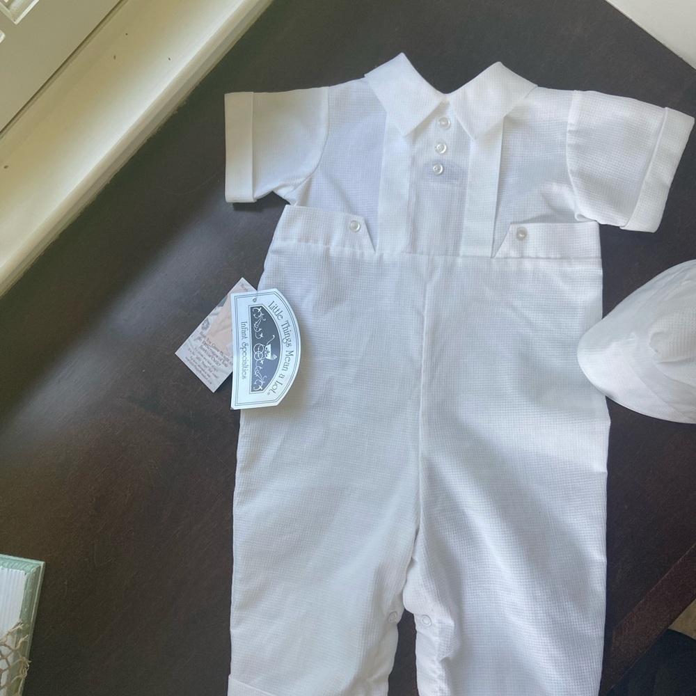 NWT Baby Boy formal white waffle pique overall onesie (christening/baptism)